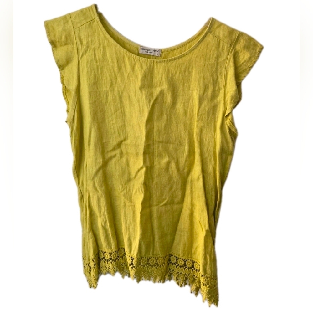 Terzo Millenio Linen Top Chartreuse Lace Trim Yellow Green Made in Italy Large